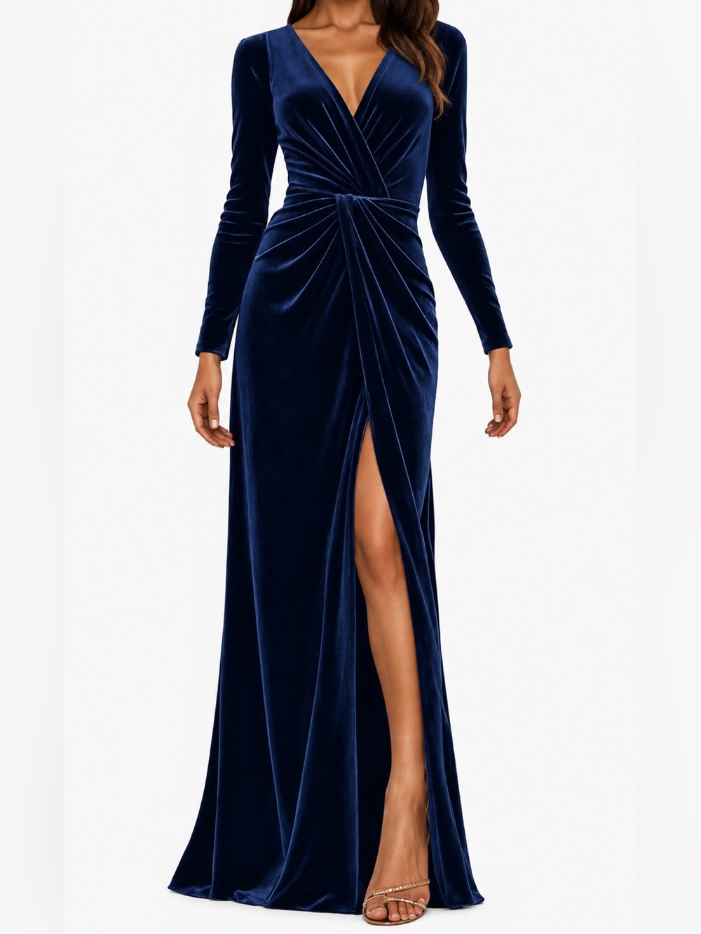 Elegant Navy Velvet Long Sleeve V-Neck Evening Dress